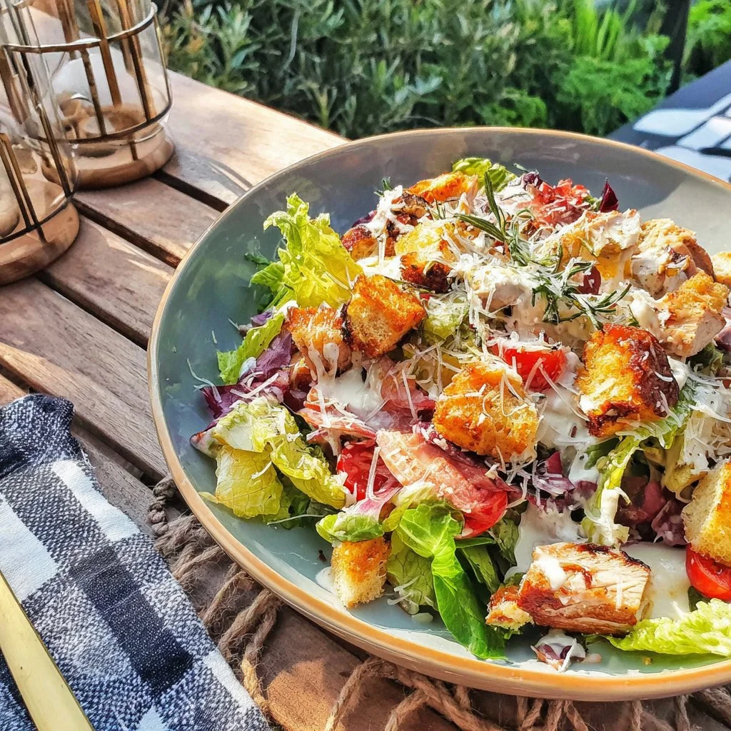 Salade Cu00e9sar au Poulet Grillu00e9 avec croutons et parmesan