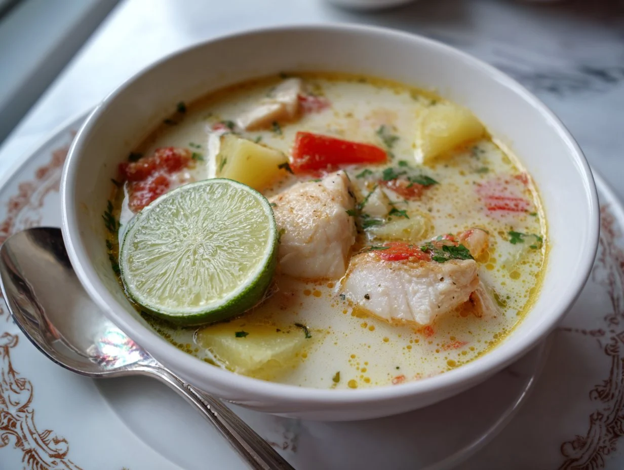 Bowl of Coconut Lime Fish Soup garnished with herbs and lime slices