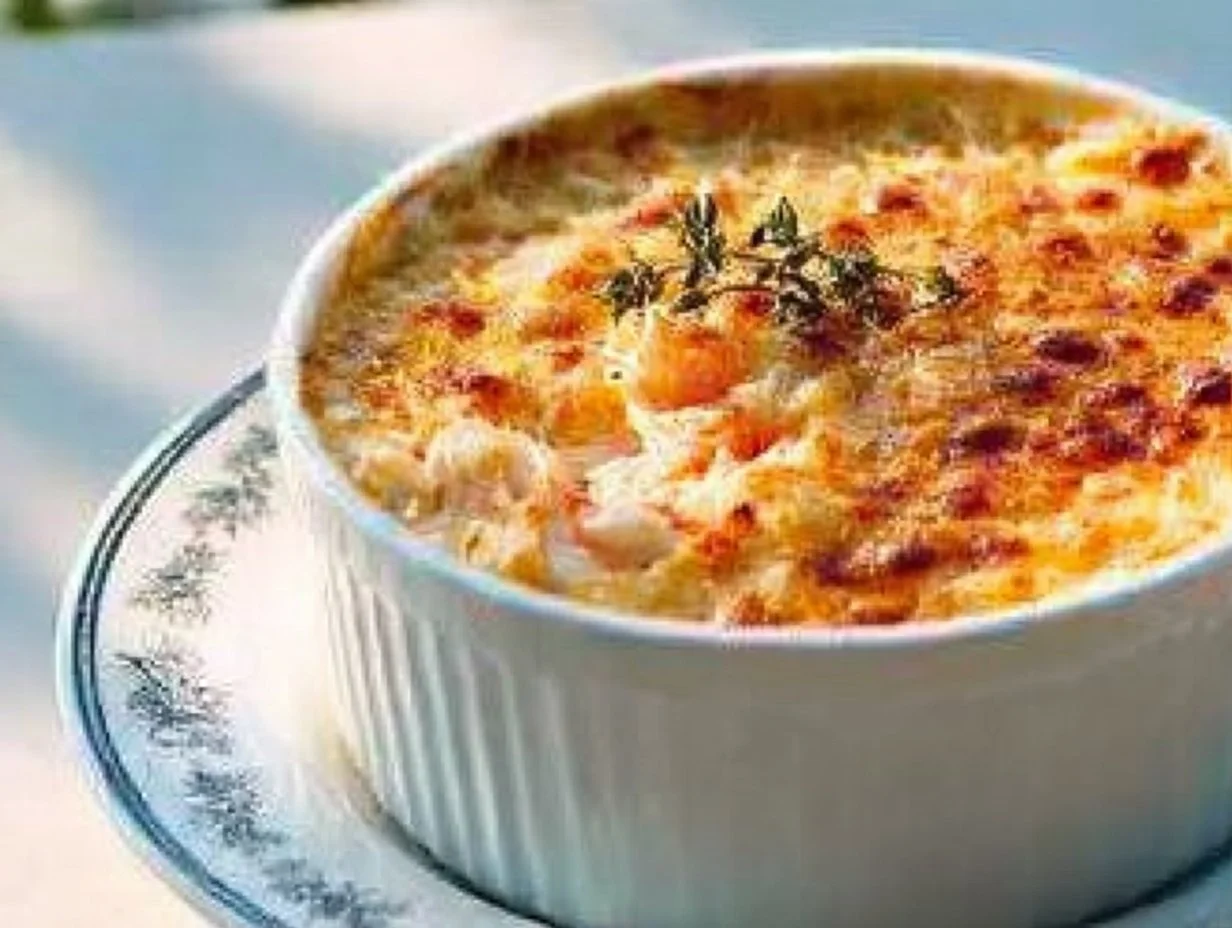 Delicious crab casserole baked with a creamy topping and garnished with herbs.