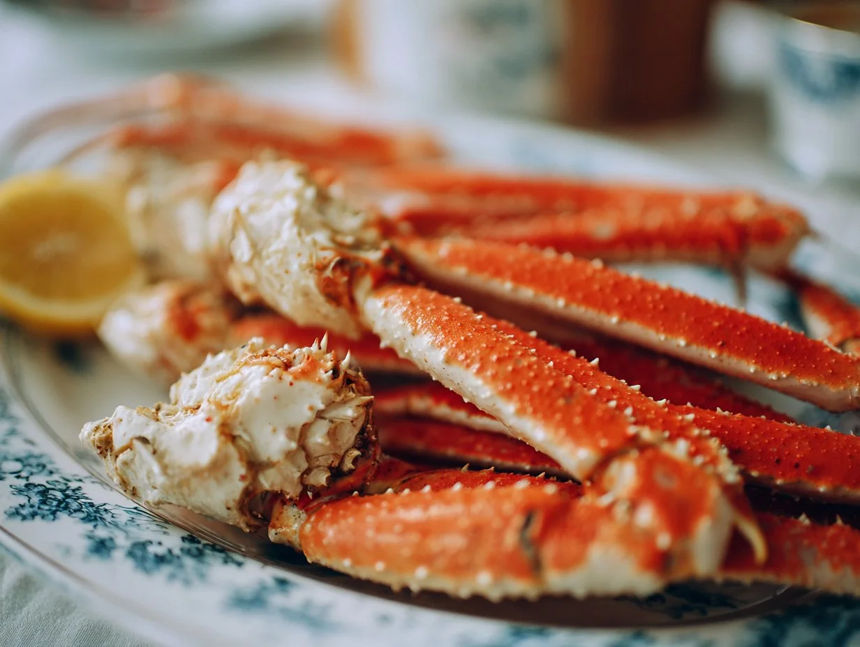 Fresh crab legs ready to be served with lemon and butter for a seafood feast.