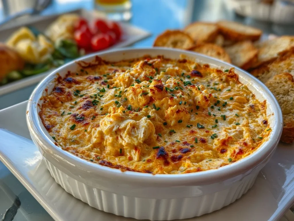 Delicious hot crab dip served in a bowl with crackers