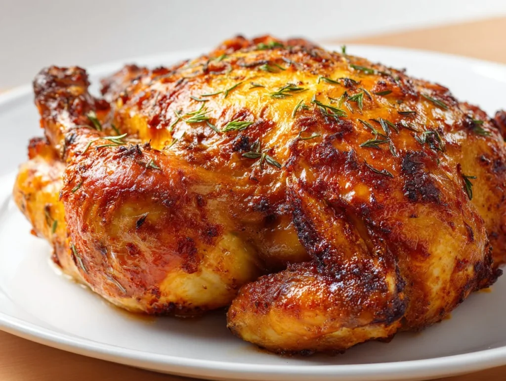 Delicious rotisserie chicken served with sides on a wooden table