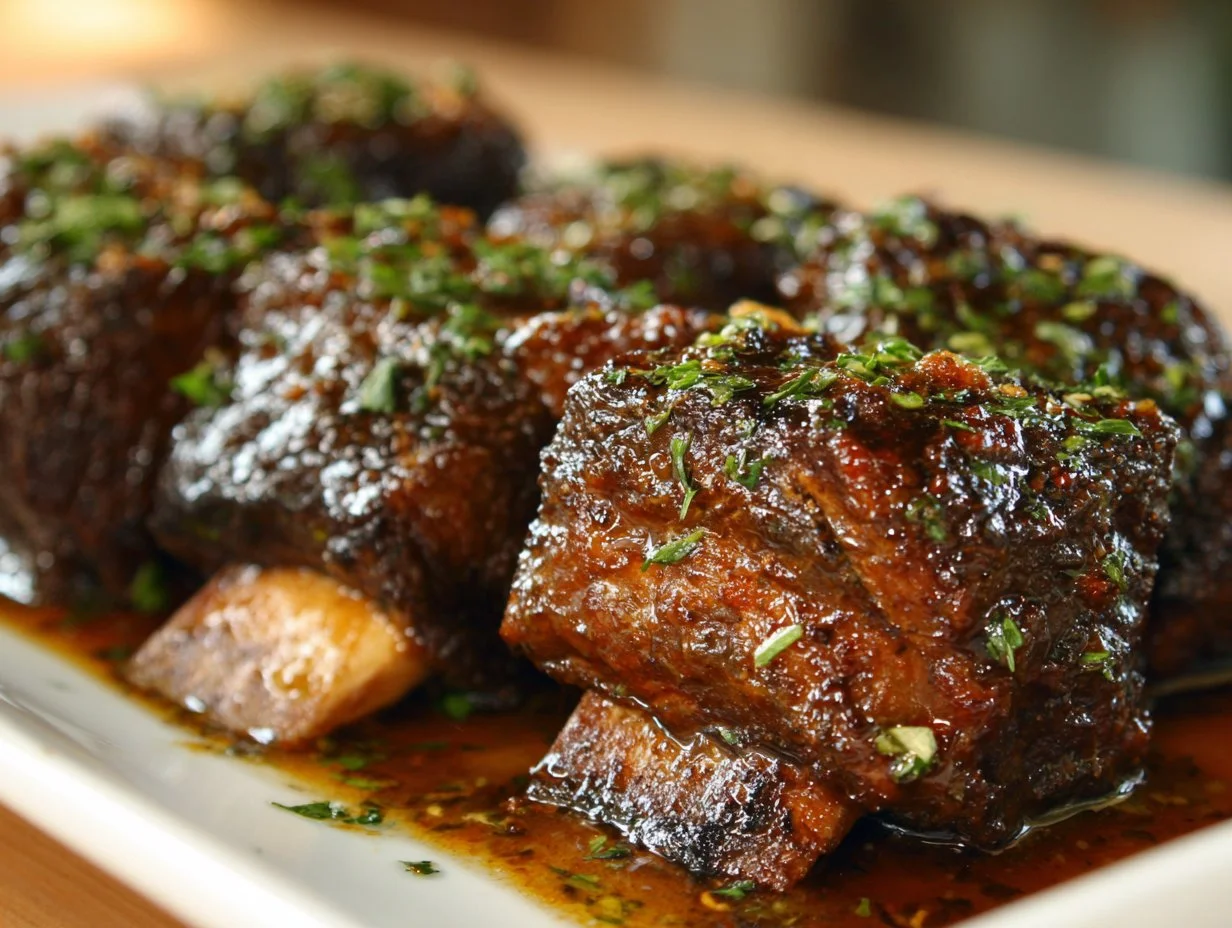 Slow cooker short ribs recipe by Nancy Cooks, showcasing tender meat and rich sauce.