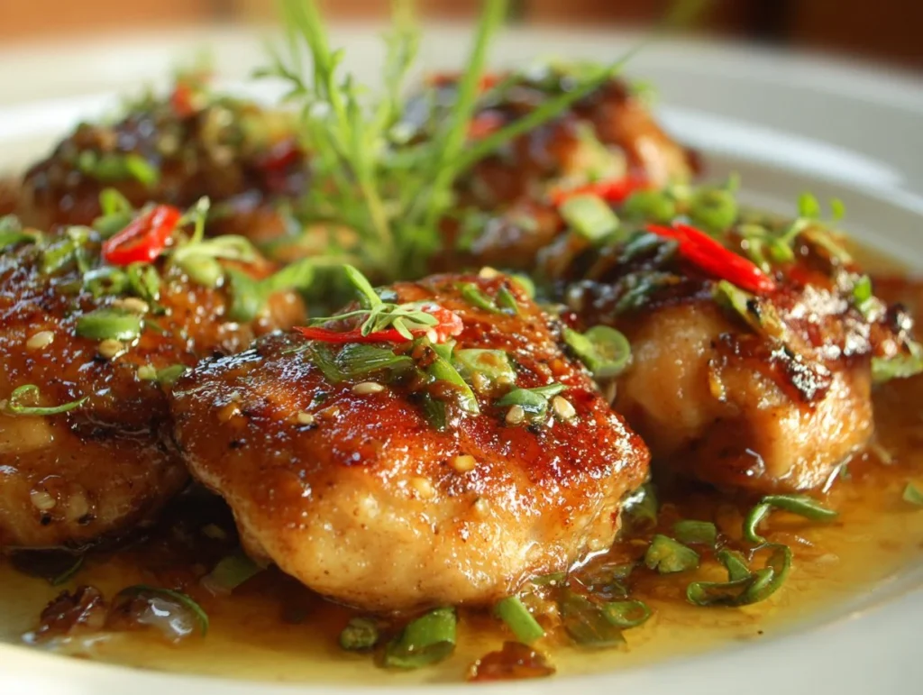 Skillet Bang Bang Chicken Thighs in a skillet, garnished and ready to serve.