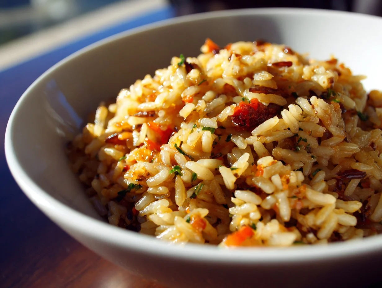A delicious serving of wild rice pilaf with vegetables and herbs