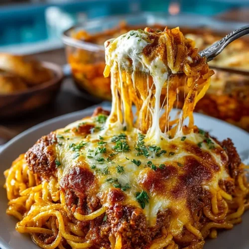 Delicious Million Dollar Spaghetti Casserole topped with cheese and herbs