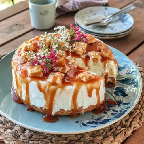 Gâteau vanille aux éclats de caramel sur une assiette blanche