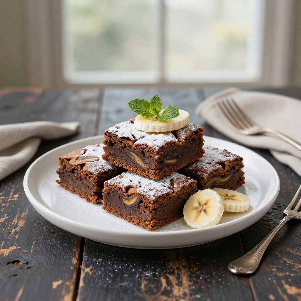 Top-down view of garnished banana bread brownies on a rustic wooden table.