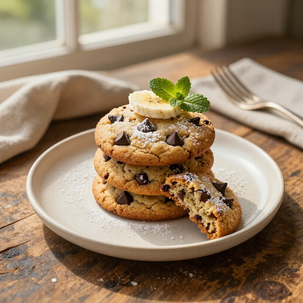 Top-down view of beautifully plated banana bread chocolate chip cookies on a rustic wooden table.
