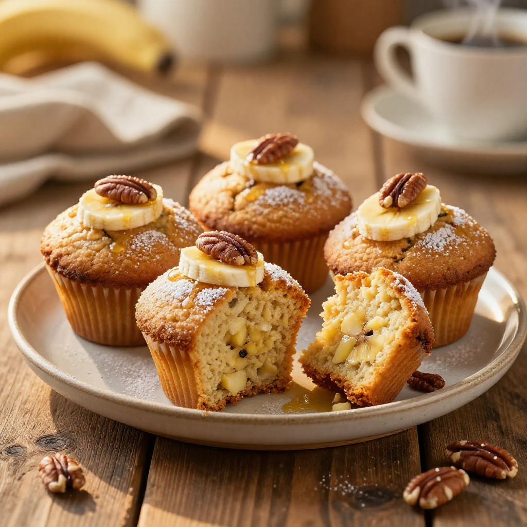 A top-down view of beautifully arranged fluffy banana bread muffins on a rustic wooden table.