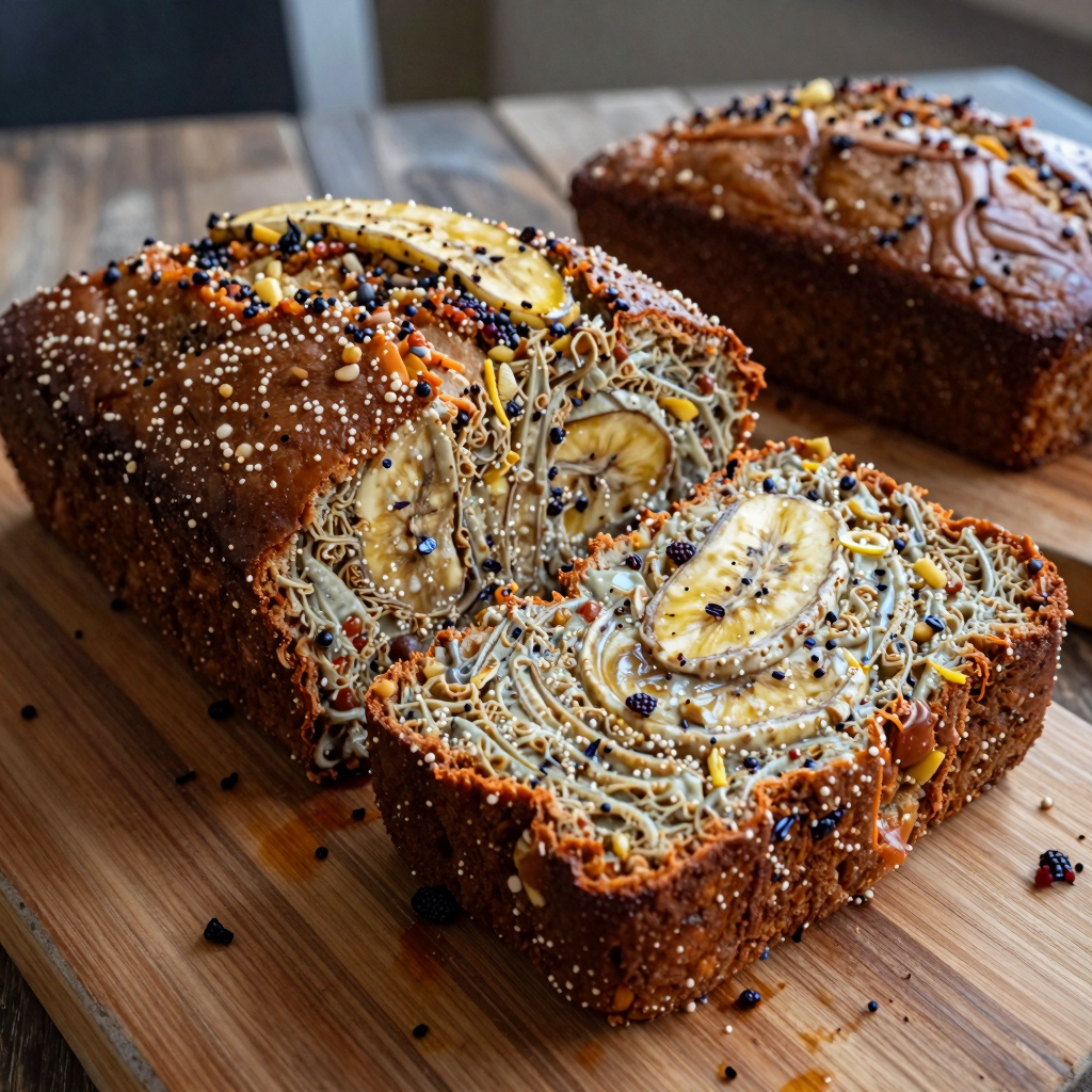 Top-down view of beautifully plated healthy banana bread slices on a rustic wooden table.