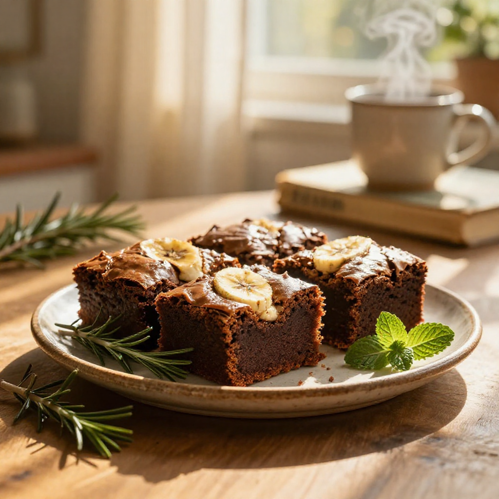 A stack of moist banana bread brownies under soft kitchen window light.