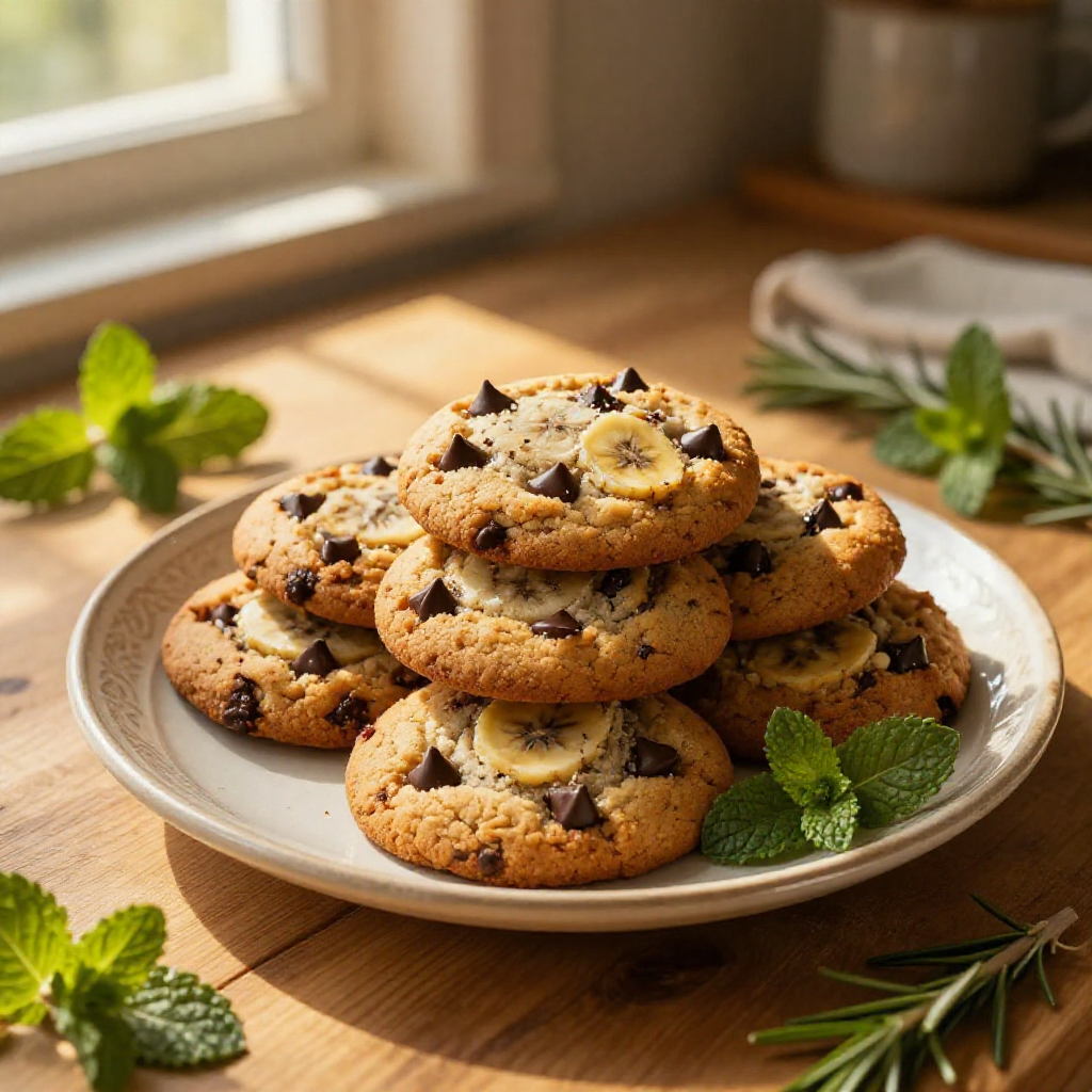 Close-up of freshly baked banana bread chocolate chip cookies on a plate with scattered herbs.