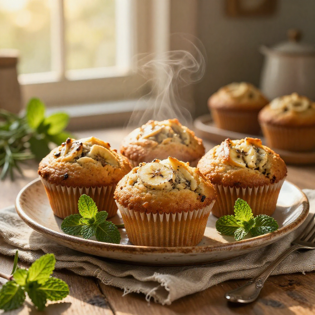 A close-up of several golden banana bread muffins on a ceramic plate.