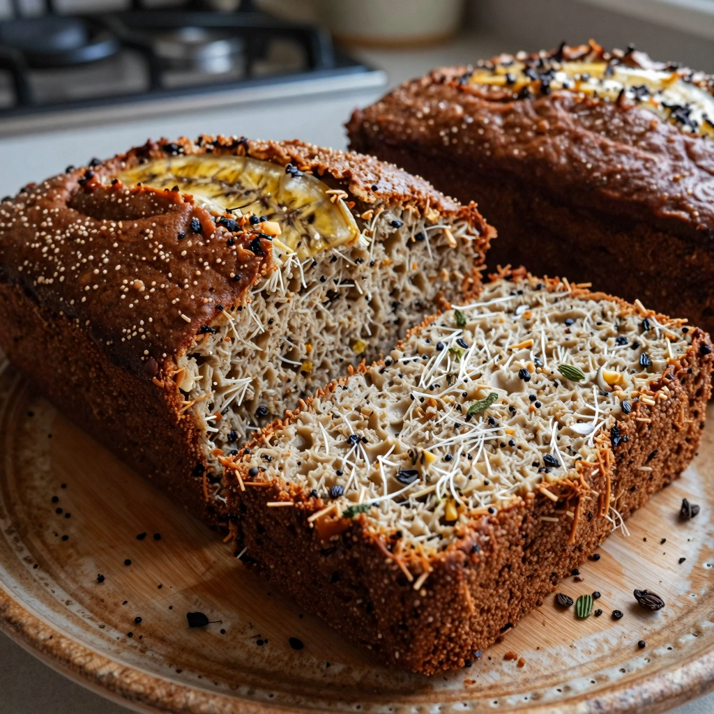 Warm kitchen scene featuring a loaf and slice of healthy banana bread.