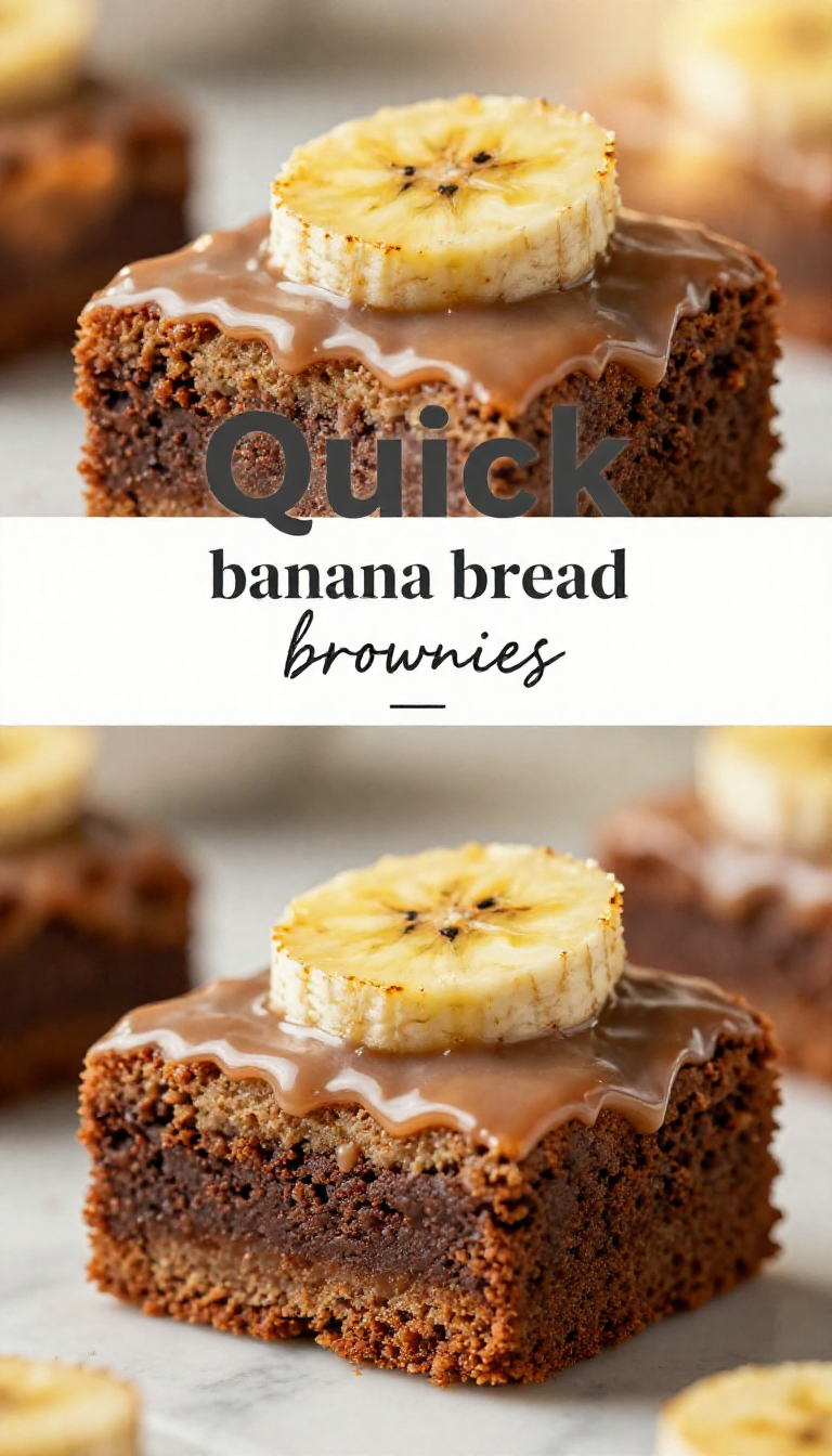 Save this Vertically split image displaying an identical banana bread brownie with glaze and banana, featuring a text banner in the middle. on Pinterest