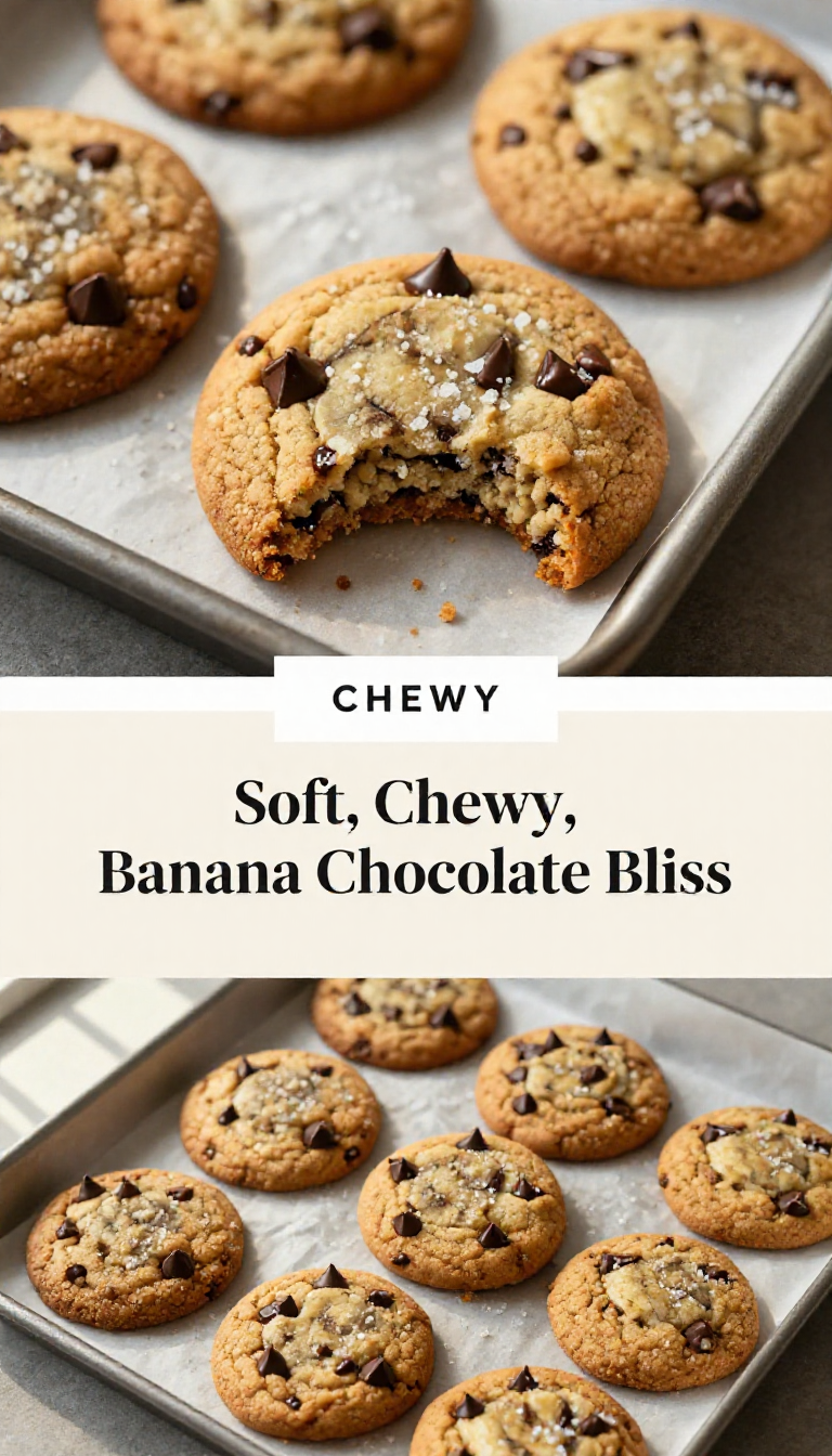 Save this Two sections of professional food photography featuring chewy banana chocolate chip cookies on parchment, separated by a banner with 