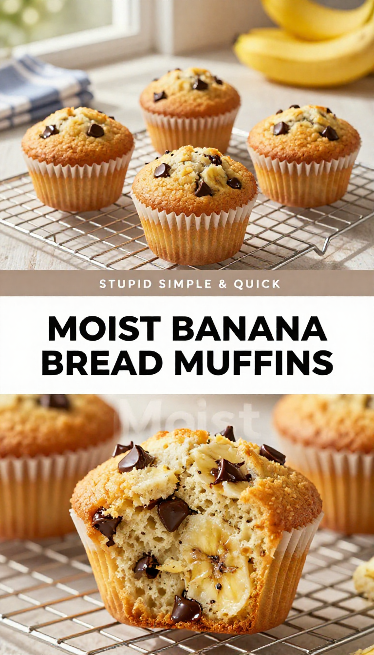 Save this A food photography image displaying golden-brown banana chocolate chip muffins, with recipe text like 