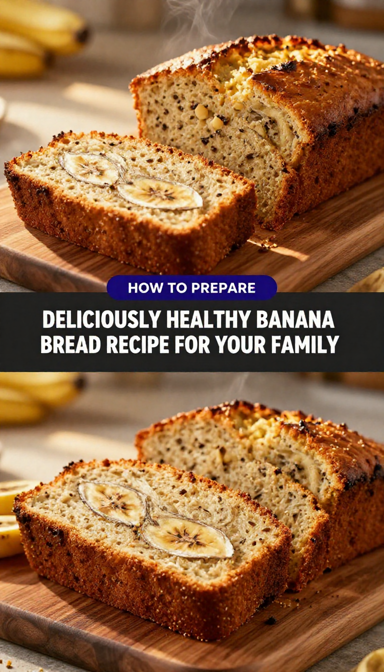 Save this Appetizing photo of freshly baked banana bread with a speckled interior, highlighted by natural light and recipe text. on Pinterest