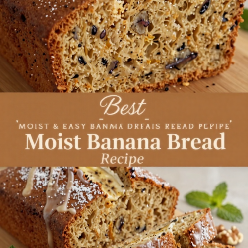 Appetizing photorealistic banana bread presented warm and sliced with glaze, accompanied by a recipe title.