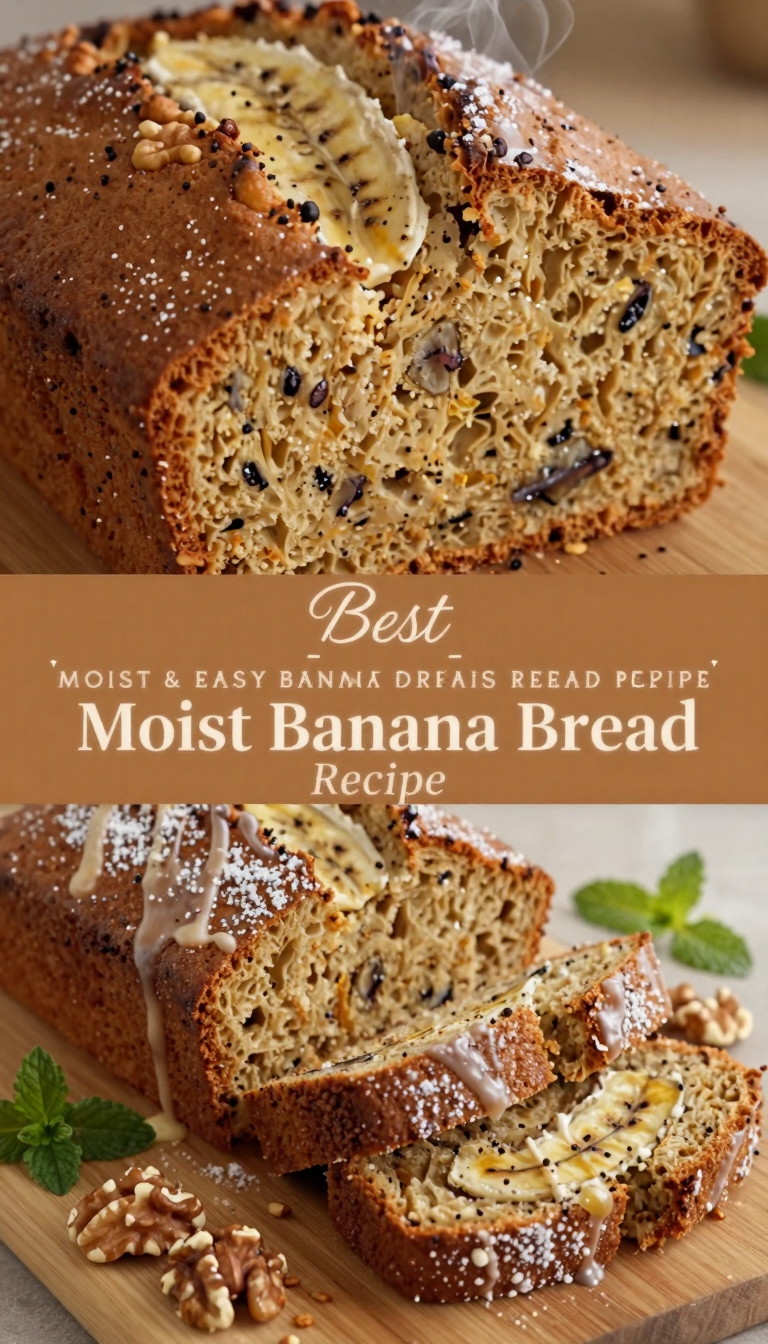 Save this Appetizing photorealistic banana bread presented warm and sliced with glaze, accompanied by a recipe title. on Pinterest