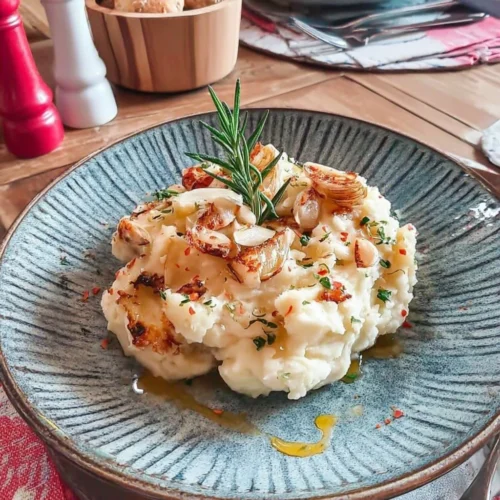 Purée de pommes de terre à l’ail rôti servie dans un bol