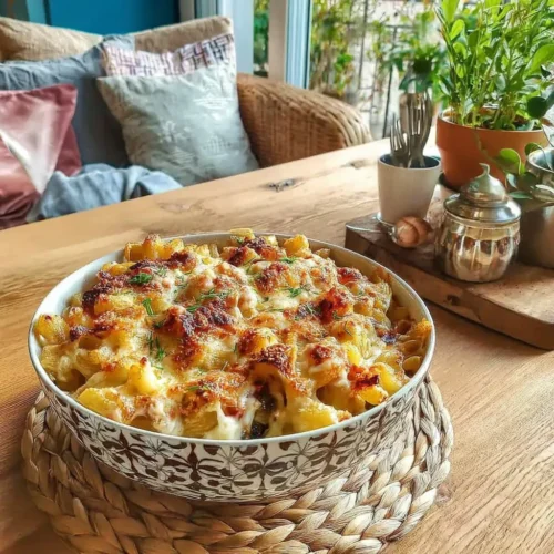 Bol de macaroni au fromage crémeux avec une croûte dorée.